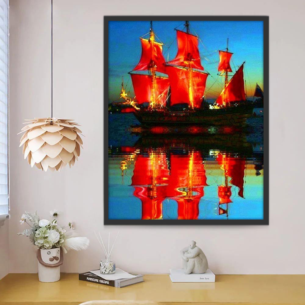 Barco de Velas Rojas en la Noche Pintar por Números