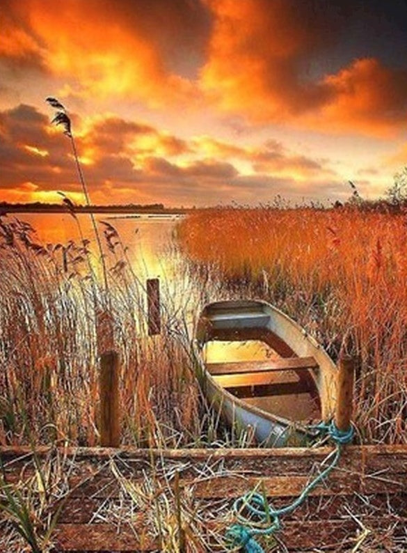 Barco en el Lago Rodeado de Plantas Pintar por Números