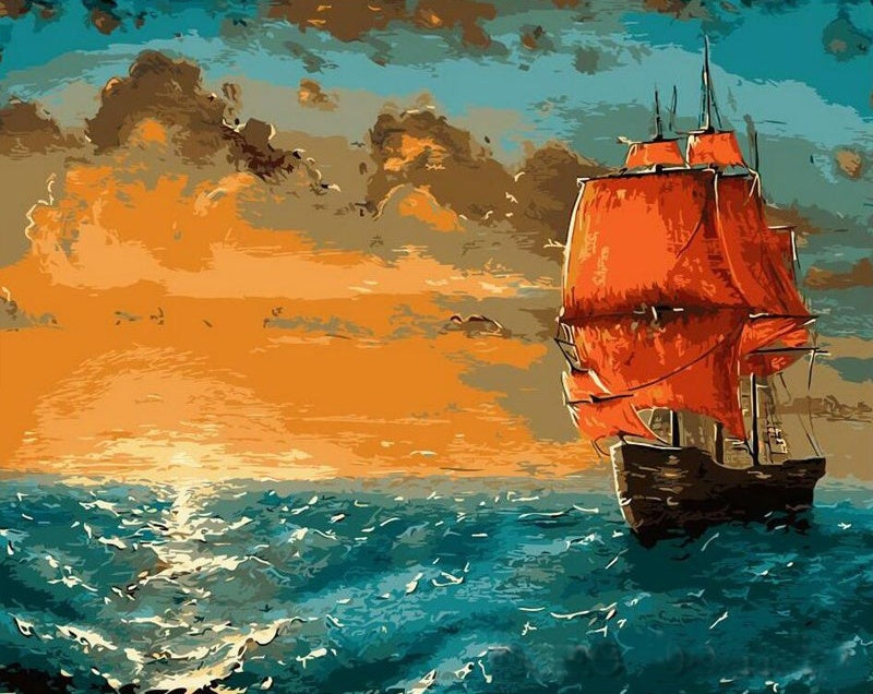 Barco en el Océano al Atardecer Pintar por Números