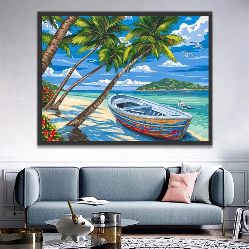 Barco en la Playa Tropical con Palmeras Pintar por Números