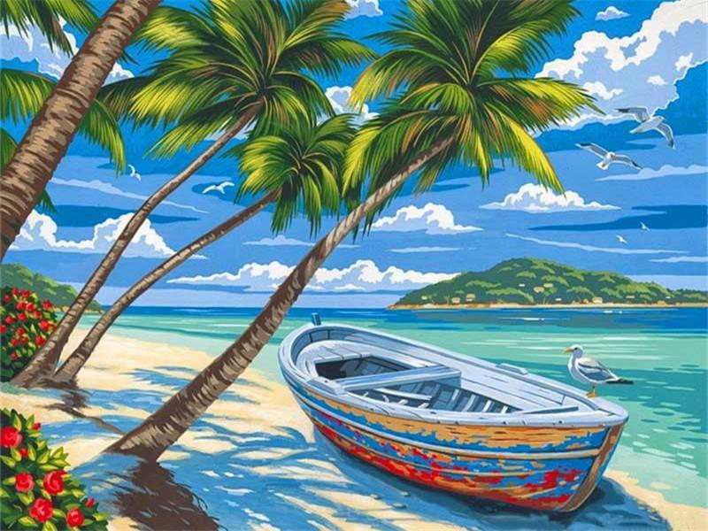 Barco en la Playa Tropical con Palmeras Pintar por Números