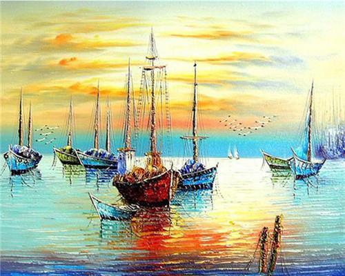 Barcos Coloridos en el Mar con el Sol Pintar por Números