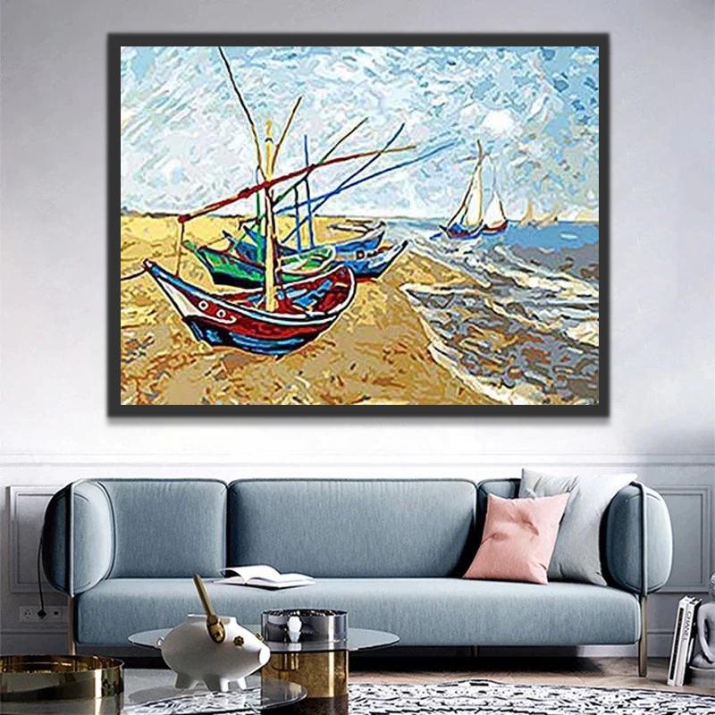 Barcos Coloridos Parados en Arena Pintar por Números