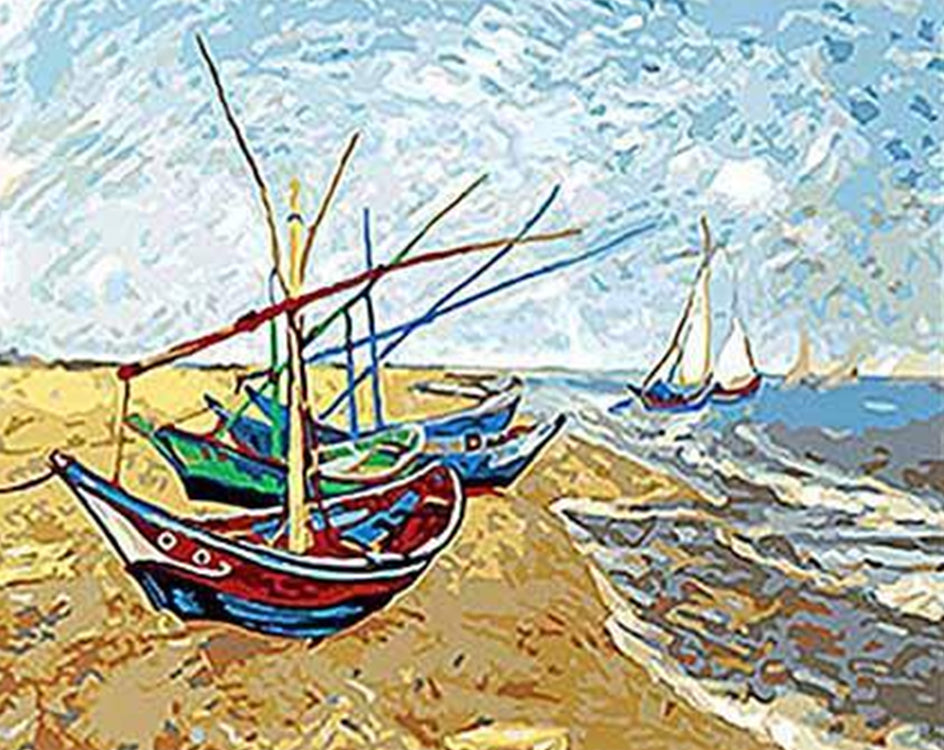 Barcos Coloridos Parados en Arena Pintar por Números
