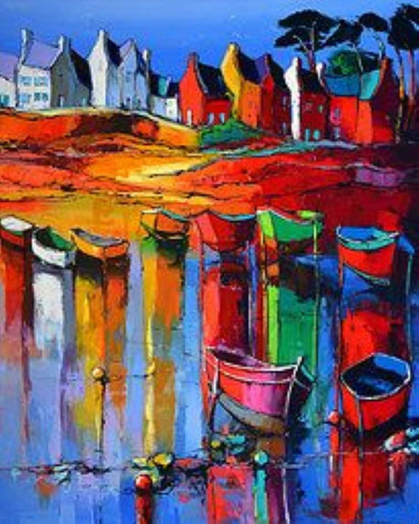 Barcos Coloridos y Fila de Casas Pintar por Números