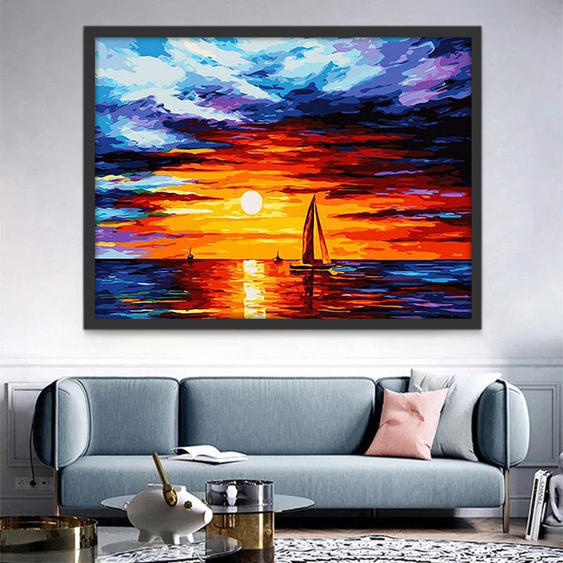 Barcos de Velas en la Puesta del Sol Pintar por Números