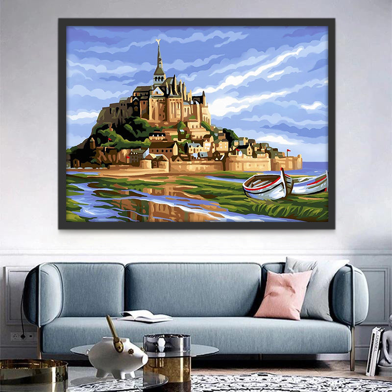 Barcos en el Agua y Castillo a lo Lejos Pintar por Números