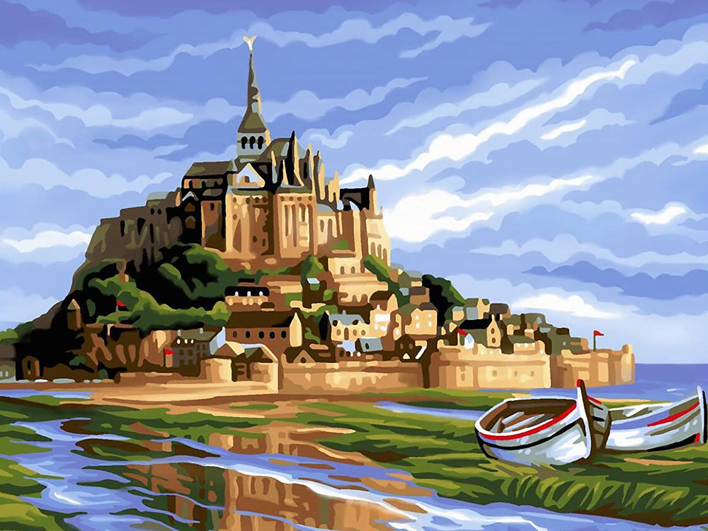 Barcos en el Agua y Castillo a lo Lejos Pintar por Números