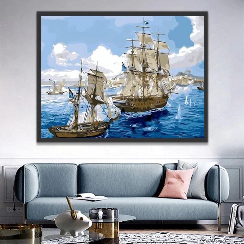Barcos en el Mar con Cielo Azul Pintar por Números