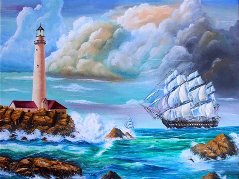 Barcos en el Mar y Faro en la Isla Pintar por Números