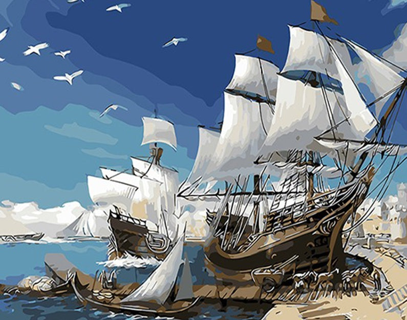 Barcos en el Puerto con Gaviotas Pintar por Números
