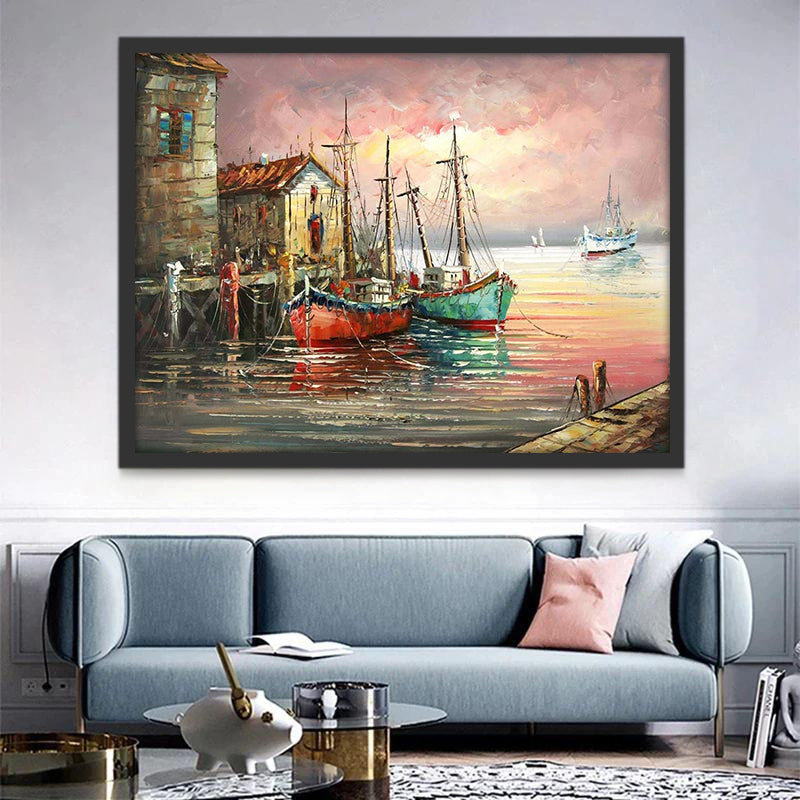 Barcos en el Puerto de Pueblo Costero Pintar por Números