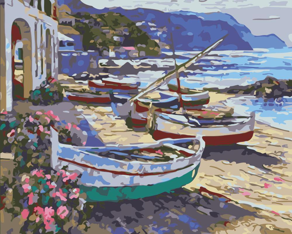Barcos en la Playa con las Flores Pintar por Números