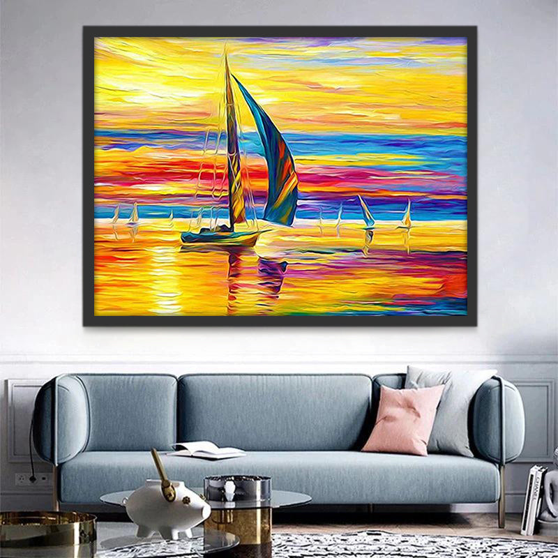 Barcos y Cielo Colorido en el Agua Pintar por Números