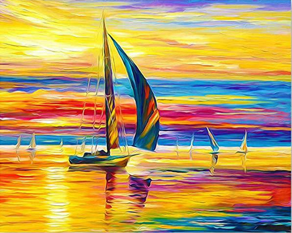 Barcos y Cielo Colorido en el Agua Pintar por Números