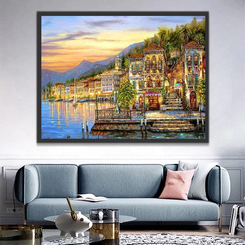 Barcos y Ciudad Costera al Atardecer Pintar por Números
