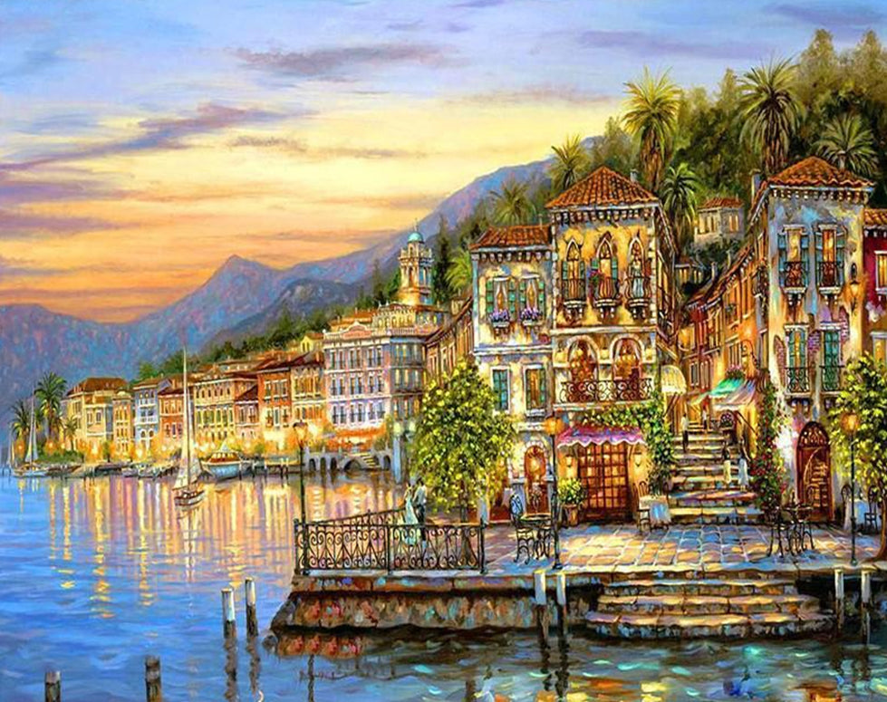 Barcos y Ciudad Costera al Atardecer Pintar por Números