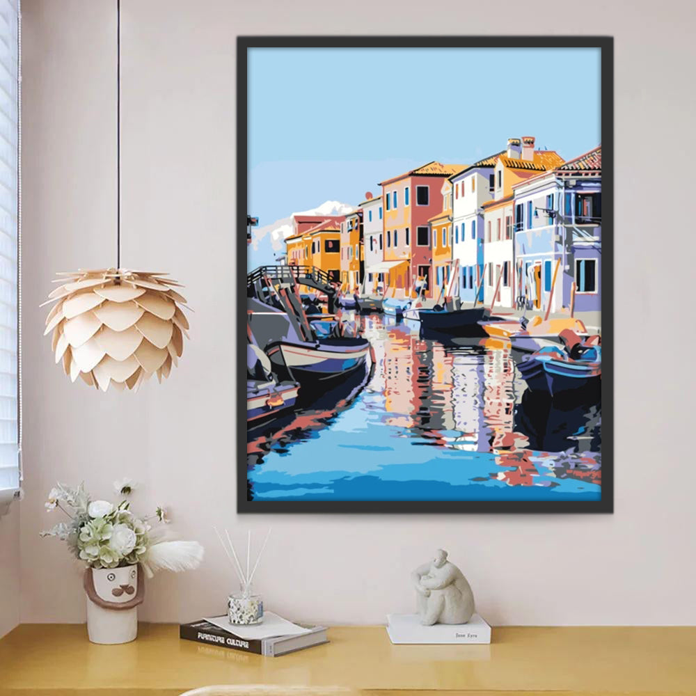Barcos y Fila de Casas Coloridas Pintar por Números