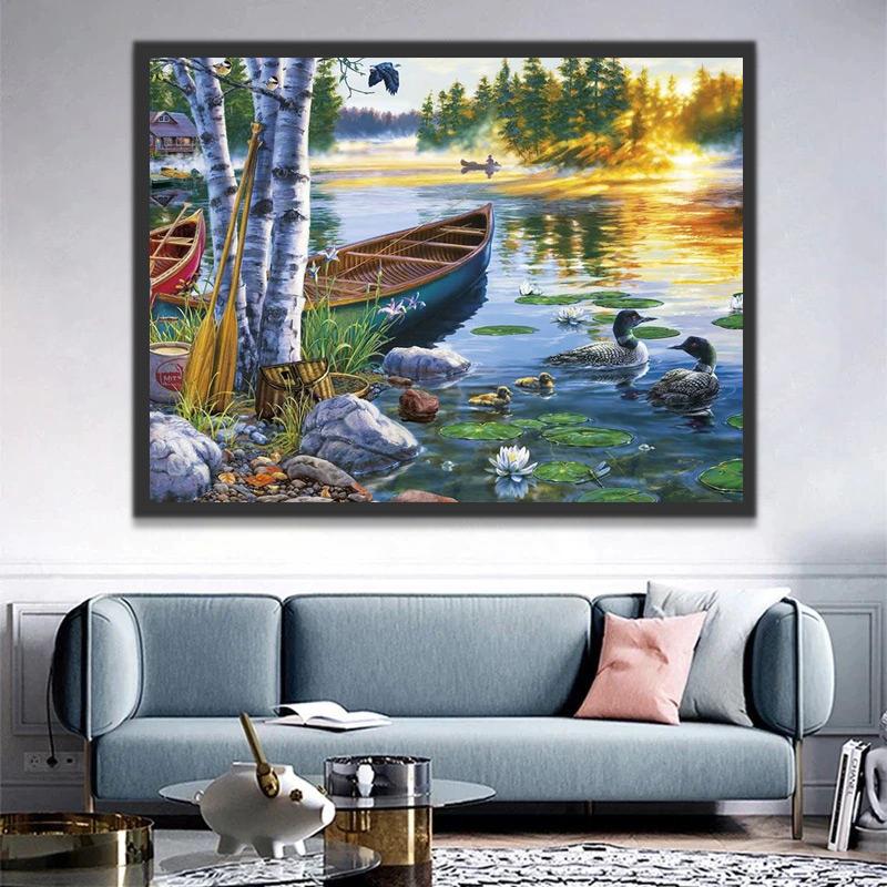 Barcos y Patos en el Río al Atardecer Pintar por Números