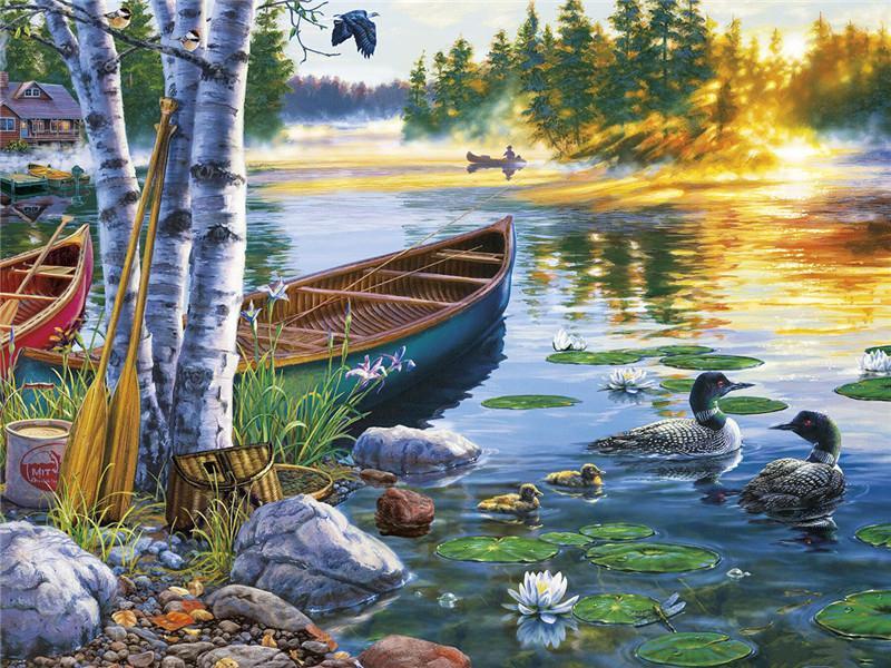 Barcos y Patos en el Río al Atardecer Pintar por Números
