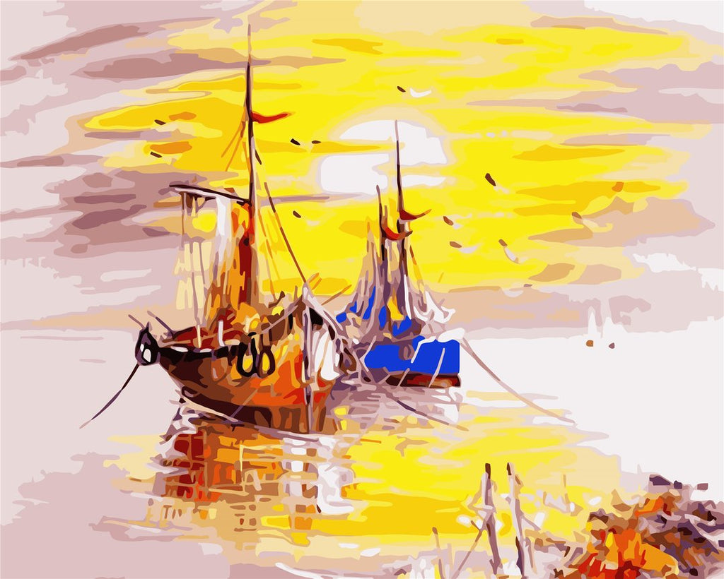 Barcos y Puesta del Sol Pintar por Números