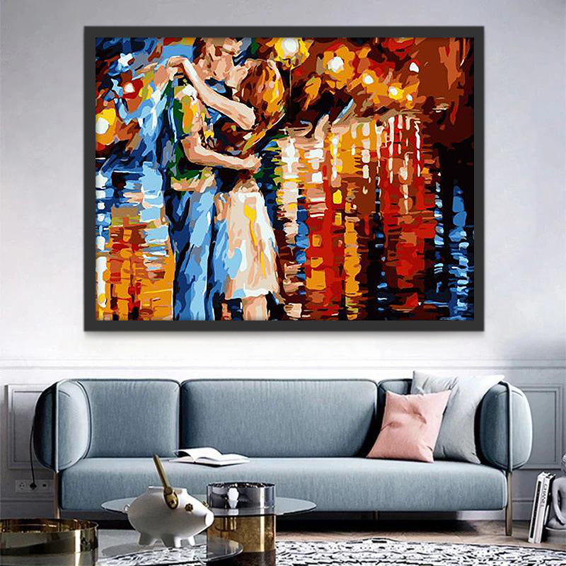 Beso de Pareja en la Calle Iluminada Pintar por Números