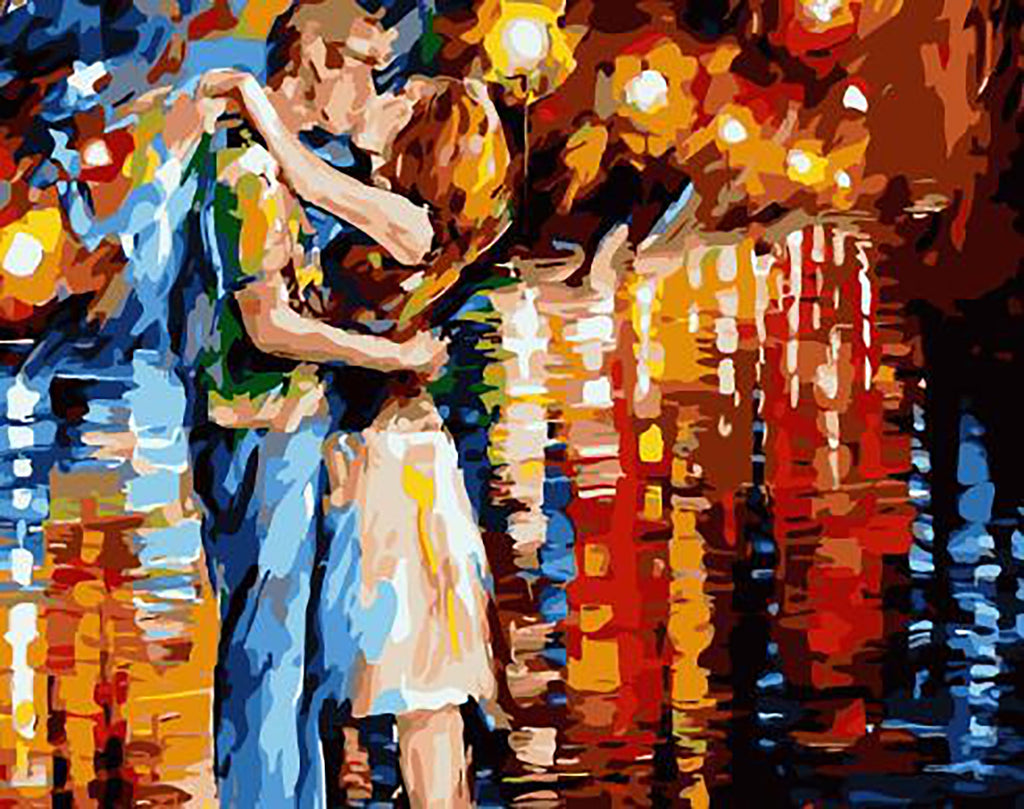Beso de Pareja en la Calle Iluminada Pintar por Números