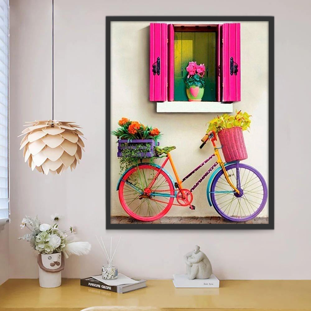 Bicicleta Colorida y Ventana Rosada con Flores Pintar por Números