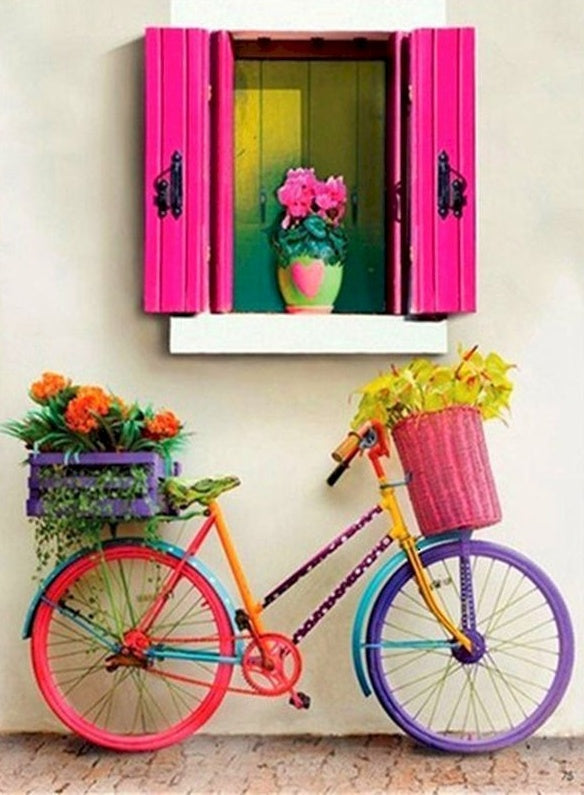 Bicicleta Colorida y Ventana Rosada con Flores Pintar por Números