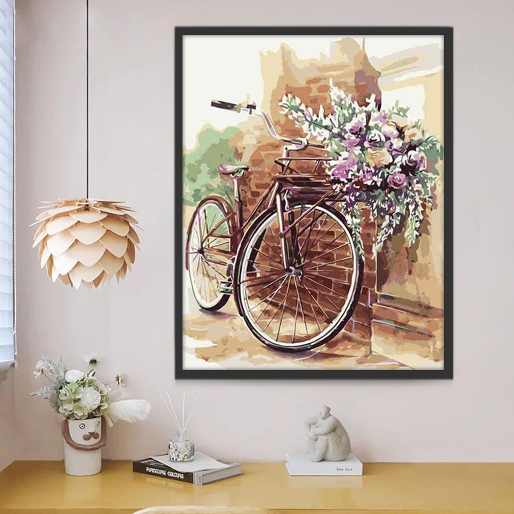 Bicicleta con Cesta de Flores Inclinada contra la Pared Pintar por Números