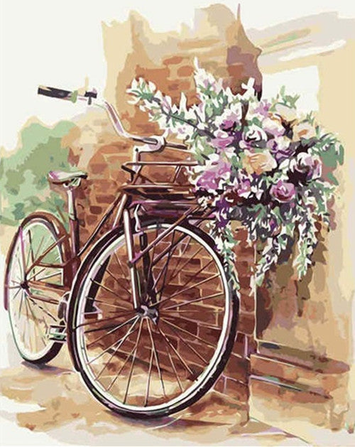 Bicicleta con Cesta de Flores Inclinada contra la Pared Pintar por Números