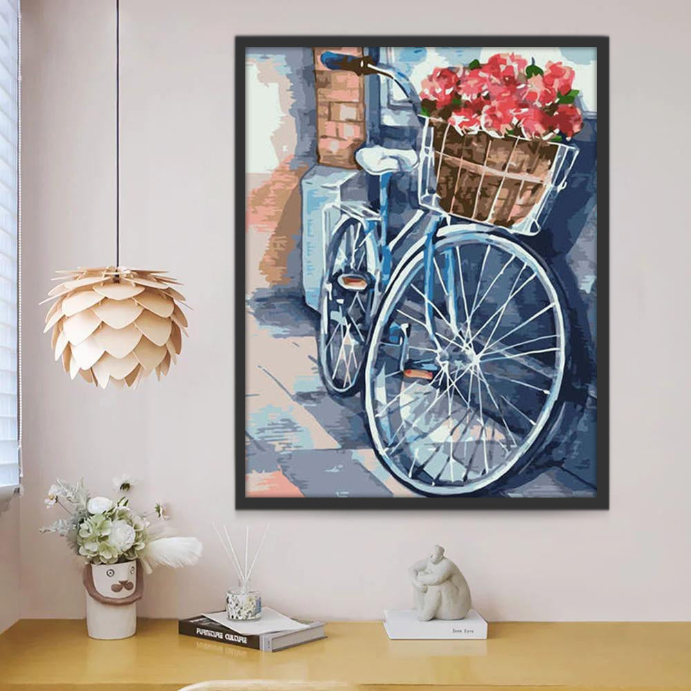Bicicleta con Cesta de Flores Parada Junto a la Pared Pintar por Números
