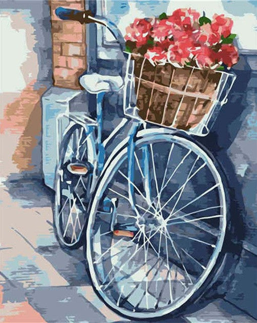 Bicicleta con Cesta de Flores Parada Junto a la Pared Pintar por Números