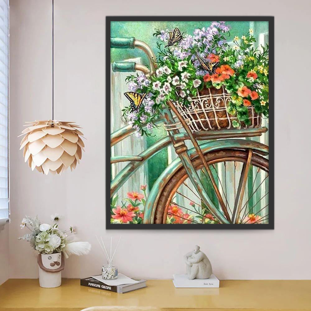 Bicicleta con Cesta Decorada con Flores y Mariposas Pintar por Números