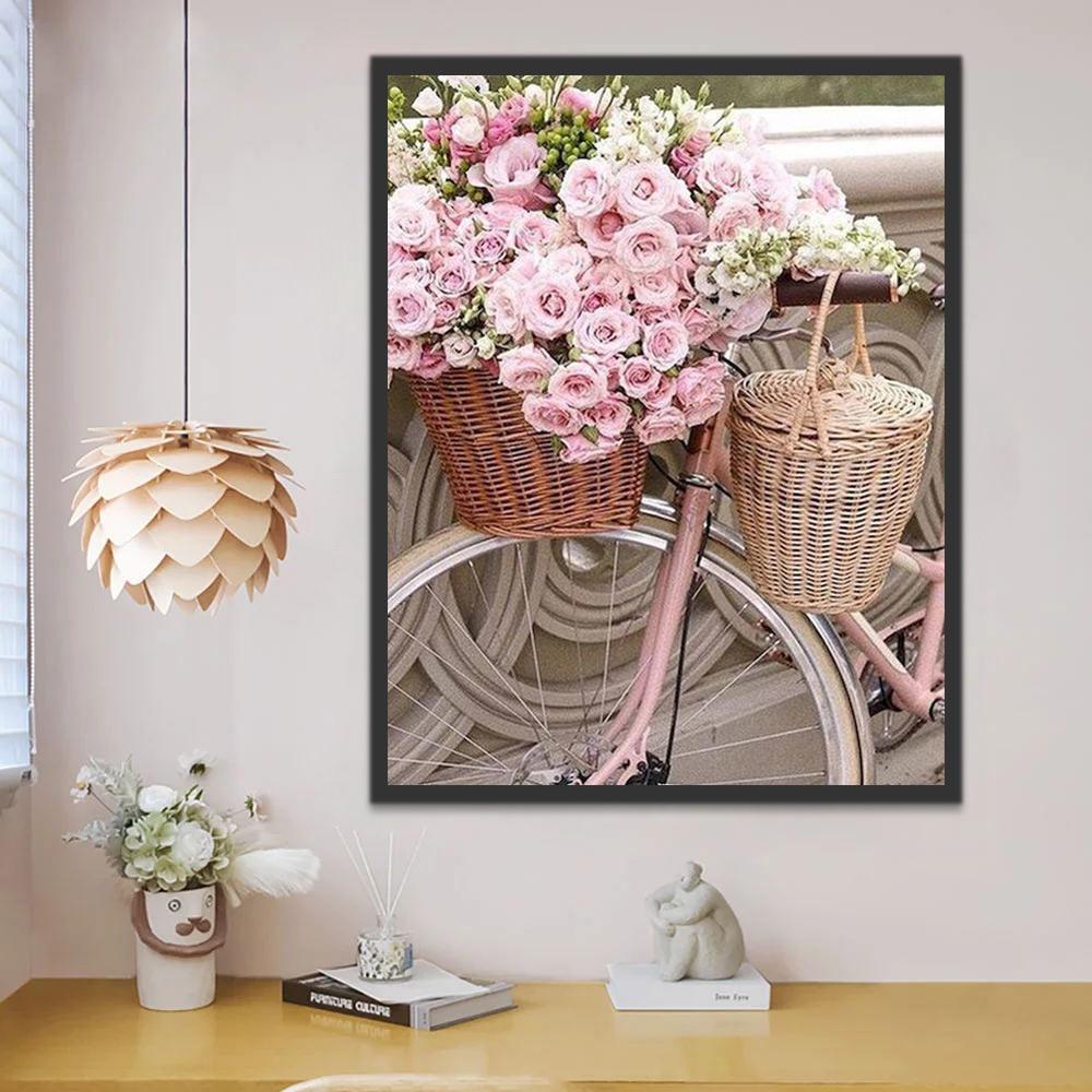 Bicicleta con Cesta Llena de Rosas Rosadas Pintar por Números
