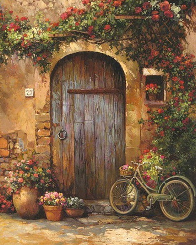 Bicicleta y Flores Delante de Puerta Pintar por Números