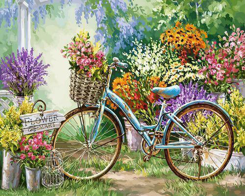 Bicicleta y Mercado Pequeño de Flores Pintar por Números