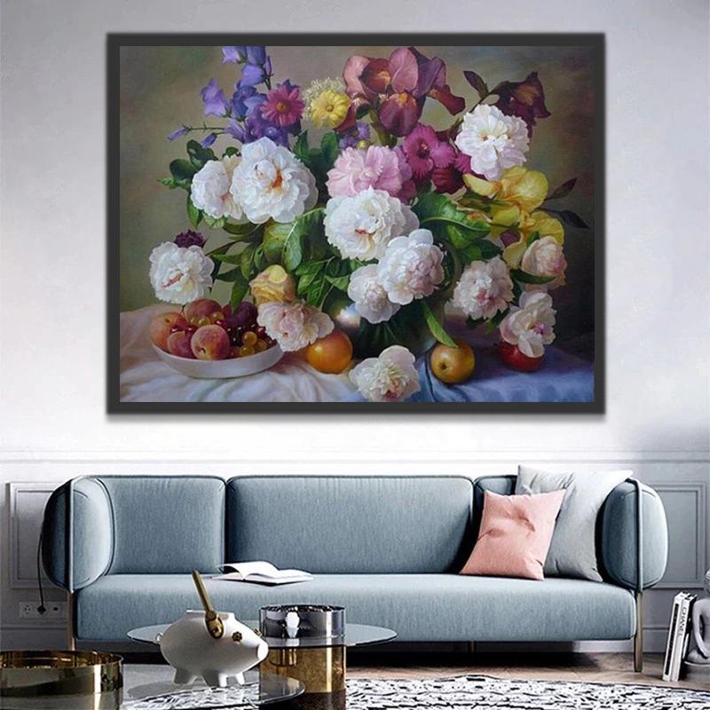 Bodegón de Flores Coloridas y Frutas sobre Mantel Blanco Pintar por Números