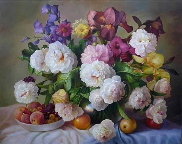 Bodegón de Flores Coloridas y Frutas sobre Mantel Blanco Pintar por Números