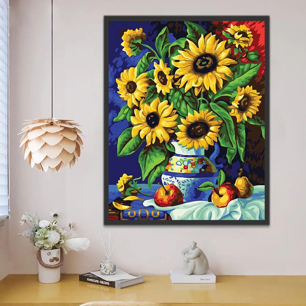 Bodegón de Girasoles en Florero con Frutas Pintar por Números
