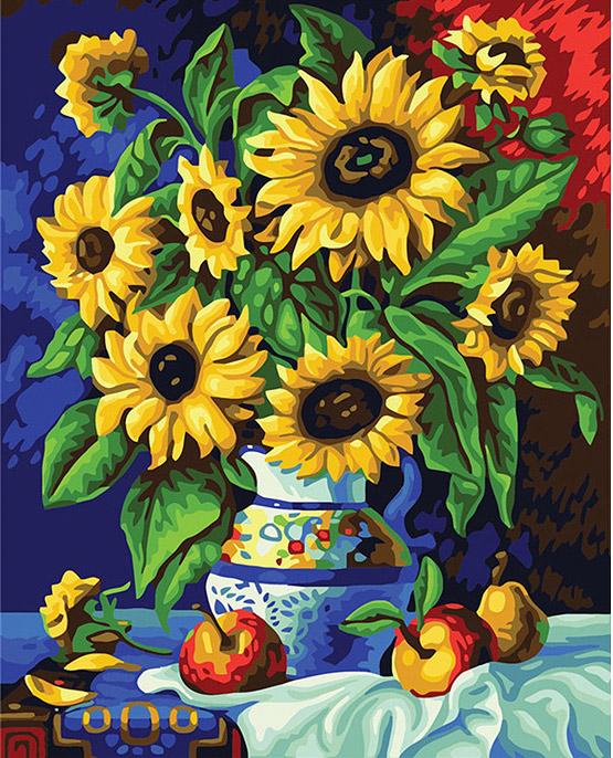 Bodegón de Girasoles en Florero con Frutas Pintar por Números