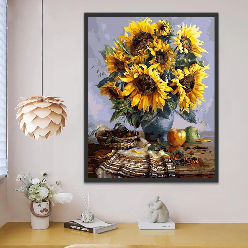 Bodegón de Girasoles y Frutas sobre Mesa Pintar por Números