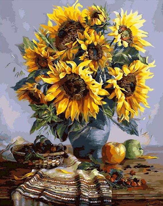 Bodegón de Girasoles y Frutas sobre Mesa Pintar por Números