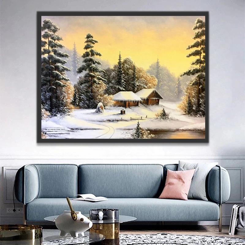 Bosque con la Nieve y las Casas Pintar por Números