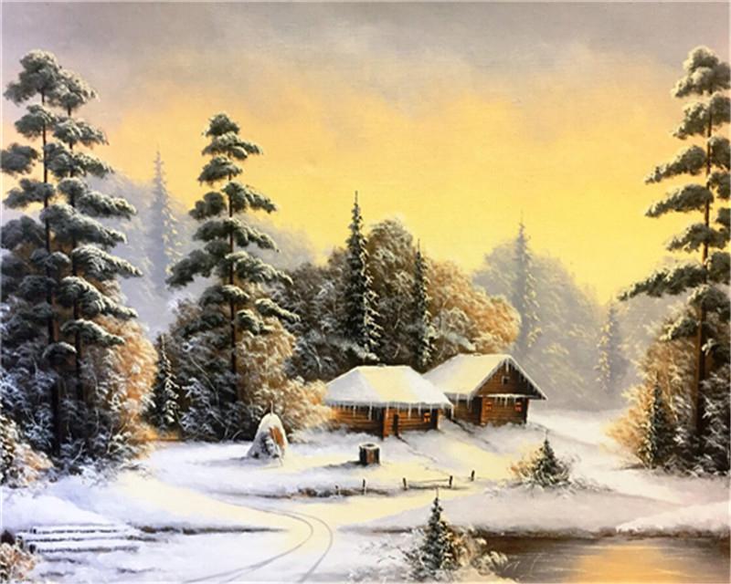 Bosque con la Nieve y las Casas Pintar por Números