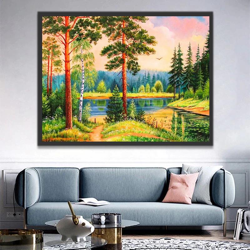 Bosque con Lago y Árboles Verdes Pintar por Números