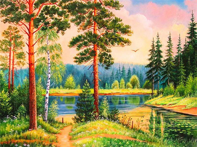 Bosque con Lago y Árboles Verdes Pintar por Números