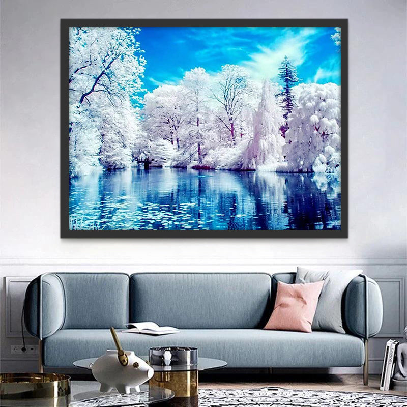 Bosque con Nieve Blanca y Lago Pintar por Números