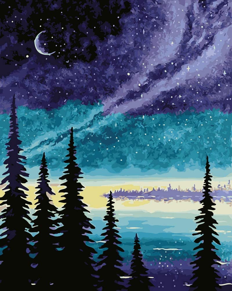 Bosque de Pinos Bajo Estrellas y Luna Pintar por Números