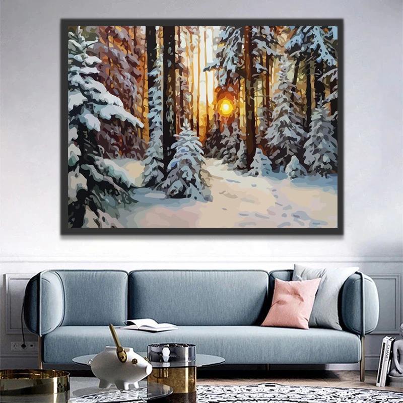 Bosque de Pinos y Nieve al Atardecer Pintar por Números